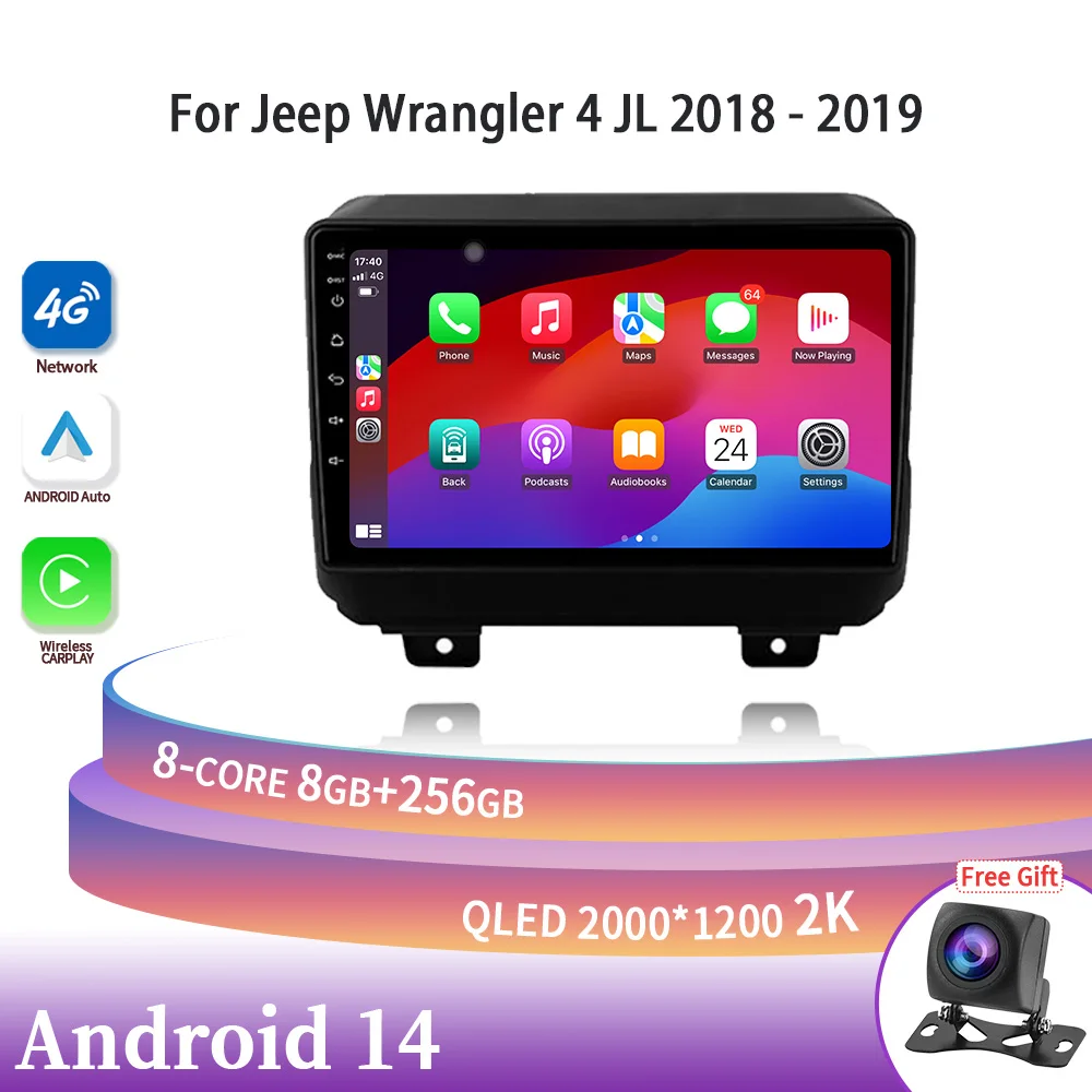 

Android 14 автомобильный экран для Jeep Wrangler 4 JL 2018 2019 2 Din беспроводной Carplay стерео автомобильное радио мультимедийная навигация GPS 4G