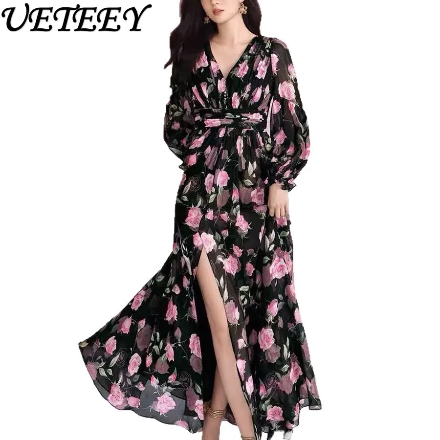봄과 가을 새로운 프랑스 복고풍 V 넥 로즈 프린트 드레스 휴가 스타일 하이 웨이스트 슬림 긴 소매 플레어 롱 드레스