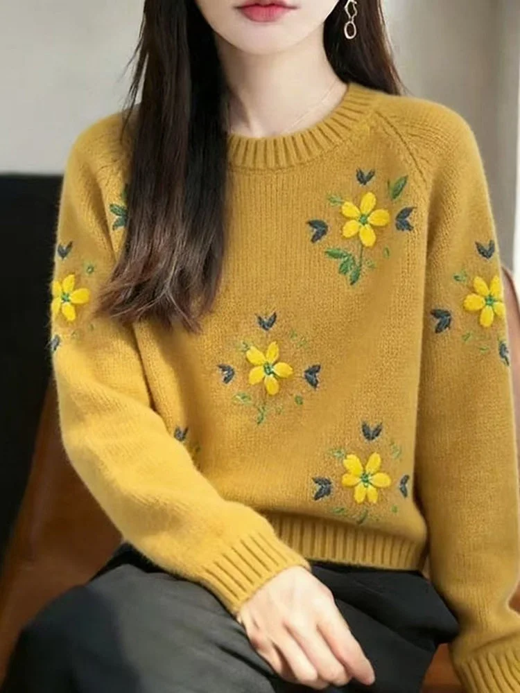 

Модный женский трикотажный джемпер с 3D-цветами, свободный крой, круглый вырез, теплый базовый слой, мягкий и уютный, французский стиль, свободный крой, длинный рукав