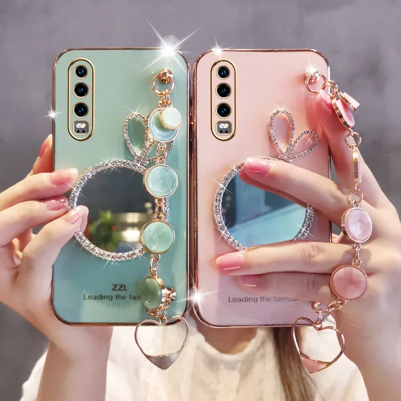 Glitter Rabbit Ears Mirror Case For Huawei Y9 Prime 2019 P20 P30 Pro P40 Y6P Y7A Y9A Slip Shellfish Texture Bracelet Cover