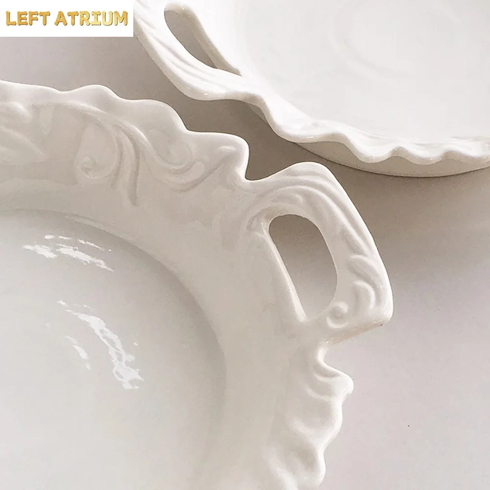 French Vintage Relief Ceramic Bowl with Handles Floral Edge Solid Household Food Container Yogurt Fruit Salad Breakfast Bowls