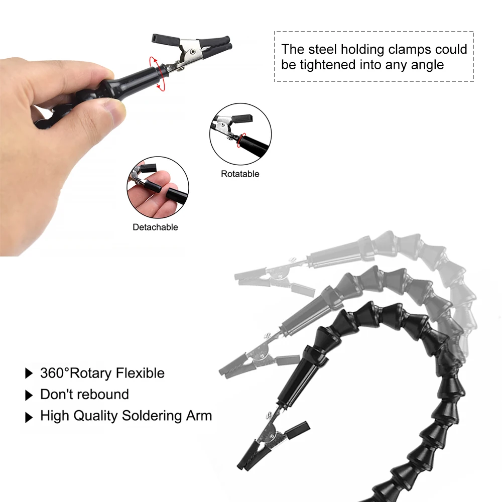 Toolour Welding Helping Hand Soldering Third Hands with 3X LED Magnifier 6 Flexible Arms Aluminum Base for Soldering , Repair