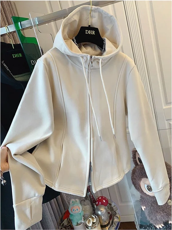 

plus Size 300 Pounds Hoodie Jacket Double Zipper Loose Unisex Autumn Winter Casual Long Sleeve Short Coat Korean Style
