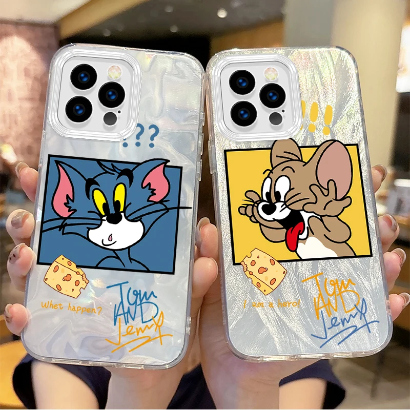 Cute T-Tom And J-Jerry Couple Cartoon Gradient Phone Case for iPhone 16 15 14 13 12 11 8 7 6 Pro Max Plus XS XR Shockproof Cover