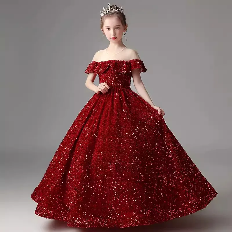 Little Girls Luxury Banquet Dress Ruffle Sequin Performance Formal Prom Dresses Children Party Floor Length Pageant Gown Elegant