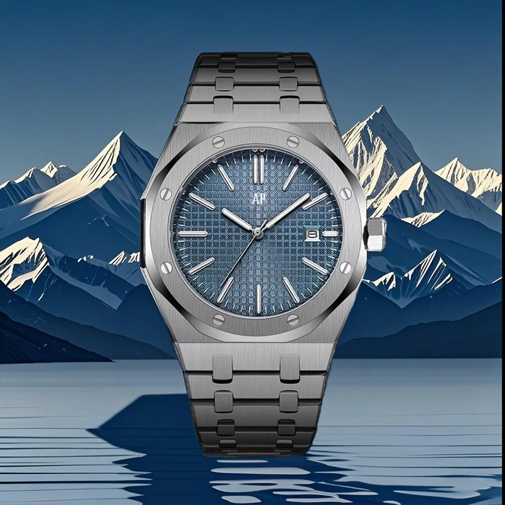 AP العلامة التجارية الفاخرة الكلاسيكية العصرية الرجال ساعة حساسية مقاوم للماء الفولاذ المقاوم للصدأ ساعة اليد مضيئة تاريخ ساعة زجاجية معدنية هدية