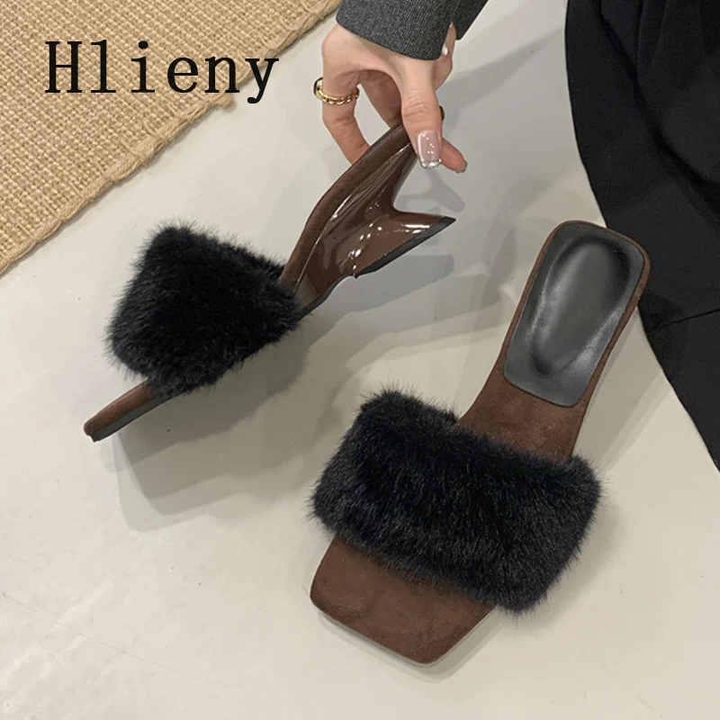 

Hlieny Fashion Fluffy Slippers Women Autumn New Open Toe Wedges High Heels Party Dress Slides Shoes Elegance Sandals