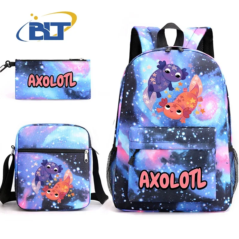 Cute Axolotl Printed Student Schoolbag Youth Backpack Shoulder Bag Pencil Bag 3-piece Set Kids Gift