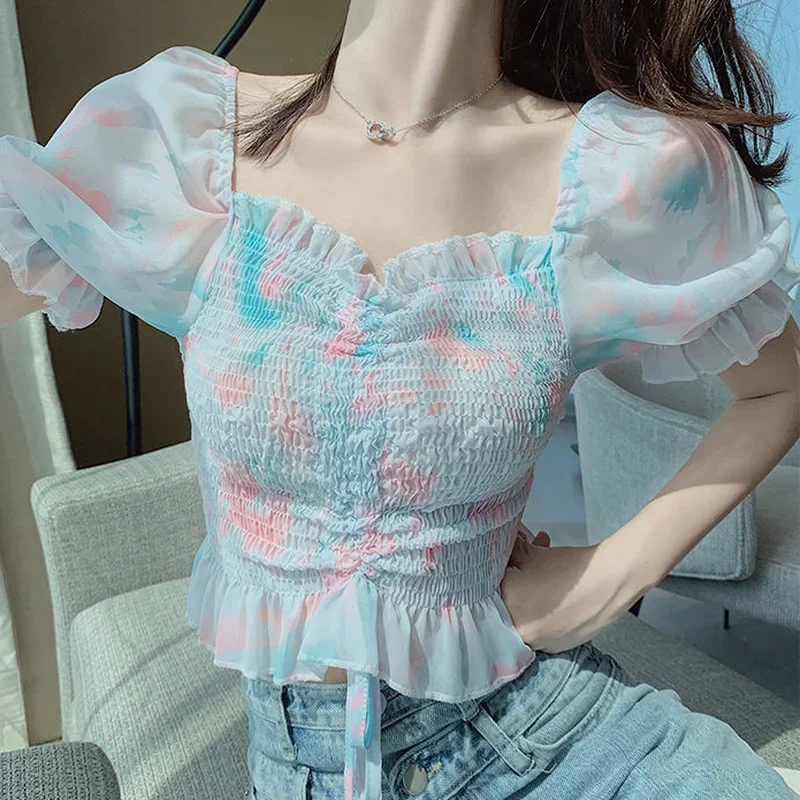 

Укороченные блузки женские шикарные летние с короткими рукавами-фонариками в стиле пэчворк универсальные тонкие элегантные дизайны стильный студенческий корейский стиль популярный