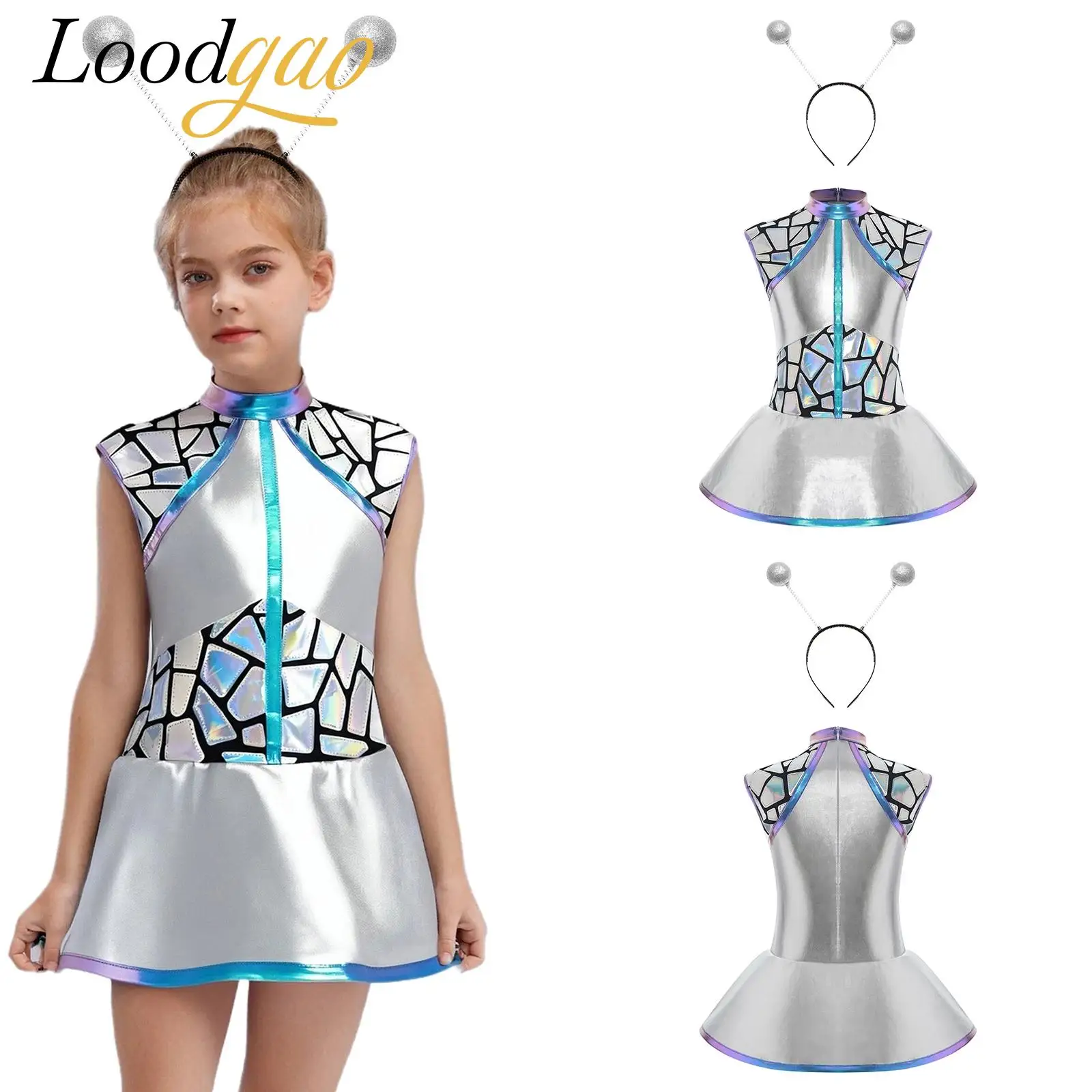 Disfraces de astronauta plateado y alienígena metálico brillante para niñas, vestido elegante cósmico, Aro para el pelo con purpurina para trajes de fiesta temática de Halloween