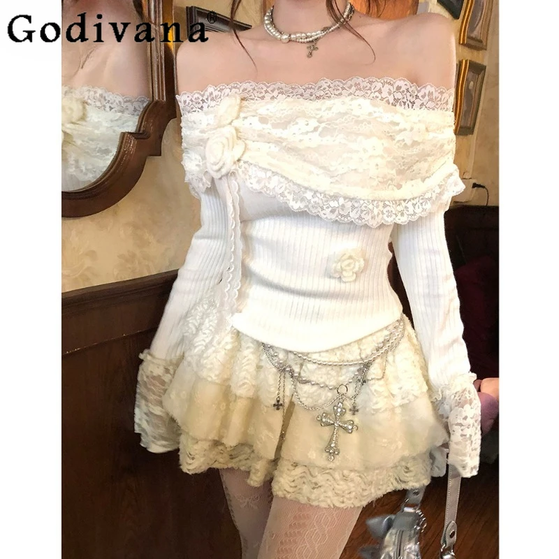 

Korean Style Girls Outfit Lace Off Shoulder Knitted Long Sleeve Top Pleated Short Skirt Suits Women's Japanese Style Lolita Set