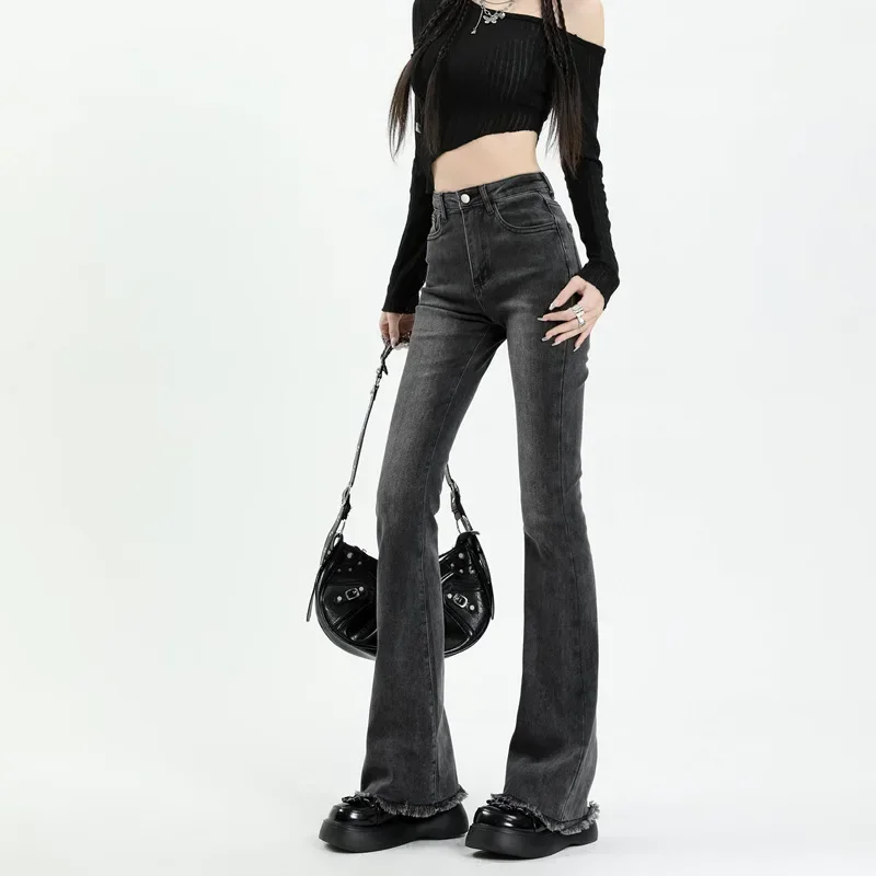 Jeans Bawah Lonceng Pinggang Tinggi Celana Bootcut Slim Fit Musim Panas Wanita Musim Semi Musim Panas Denim Tipis Kelim Berjumbai Elastis