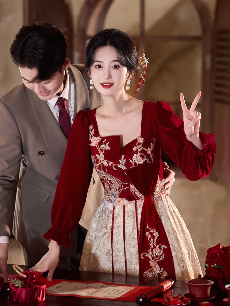 

New Chinese Sle Wedding Dr Long Sve Engagement Ceremony Dr plus Size Slimming High-End Feeling Princ Sle Embr...