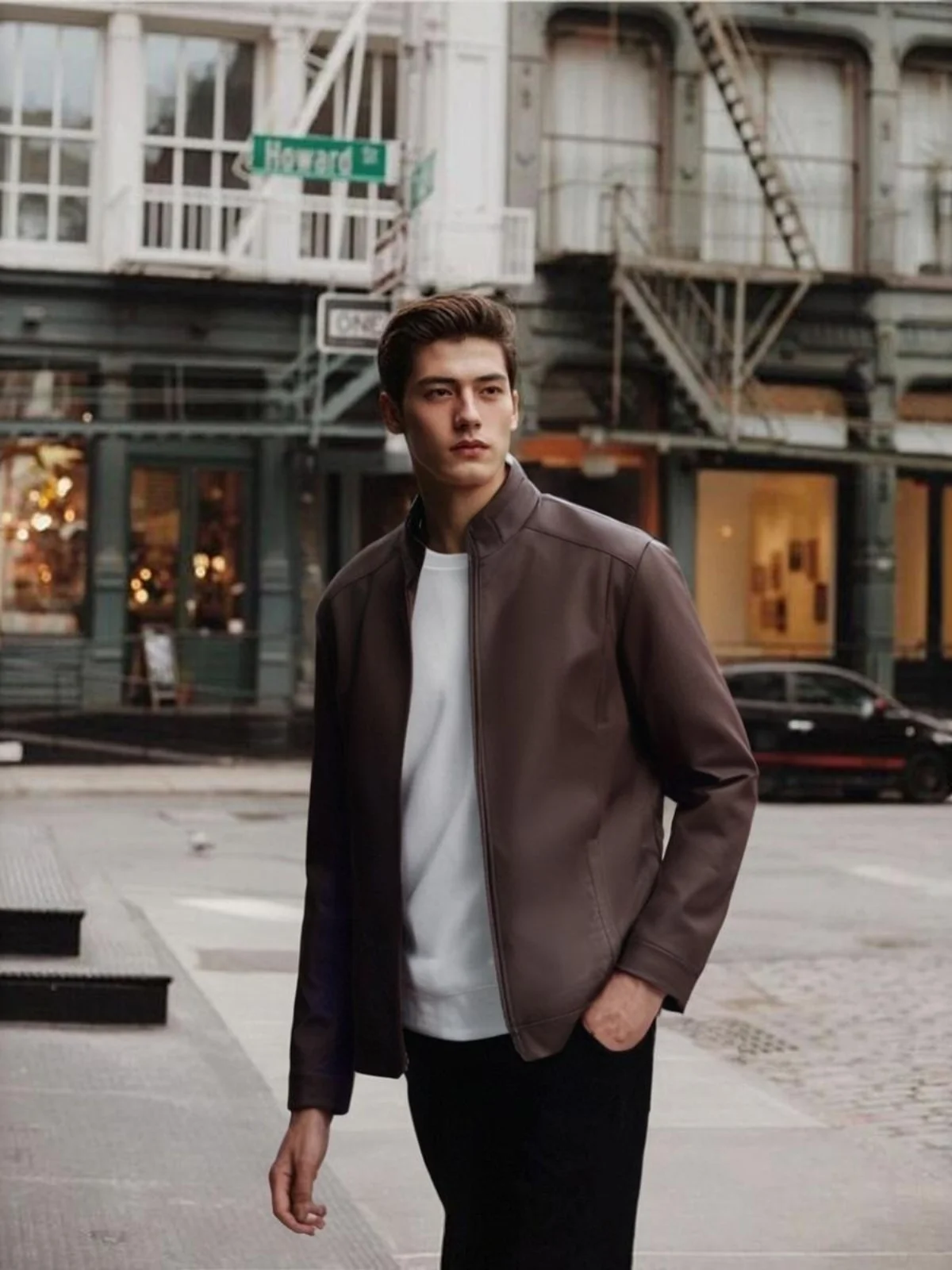 

Тонкая кожаная куртка с воротником-стойкой для мужчин, деловой стиль, с длинными рукавами, повседневная, осенняя, на молнии, без бренда