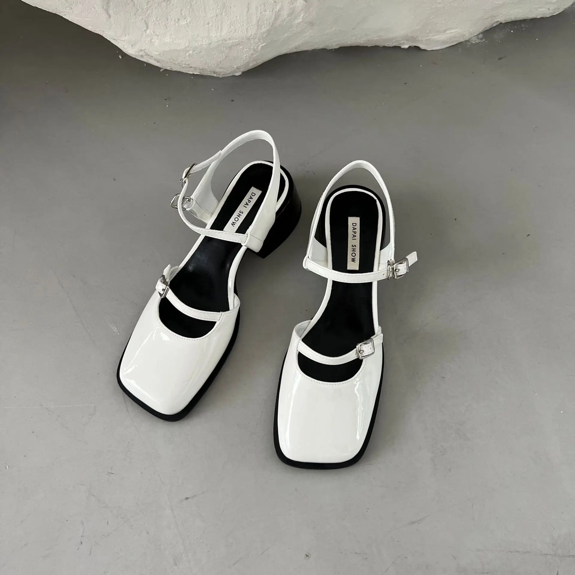 Vintage Square Toe Summer Sandals Women Thick High Heels Shoes Ladies Mary Janes Pumps Luxury Designer Female Slingbacks 35-39