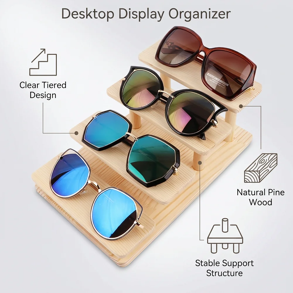 Wooden Sunglasses Display Stand 4 Tier Step Organizer Natural Pine Eyeglasses Holder Jewelry Bracelet Ring Display Rack for Home