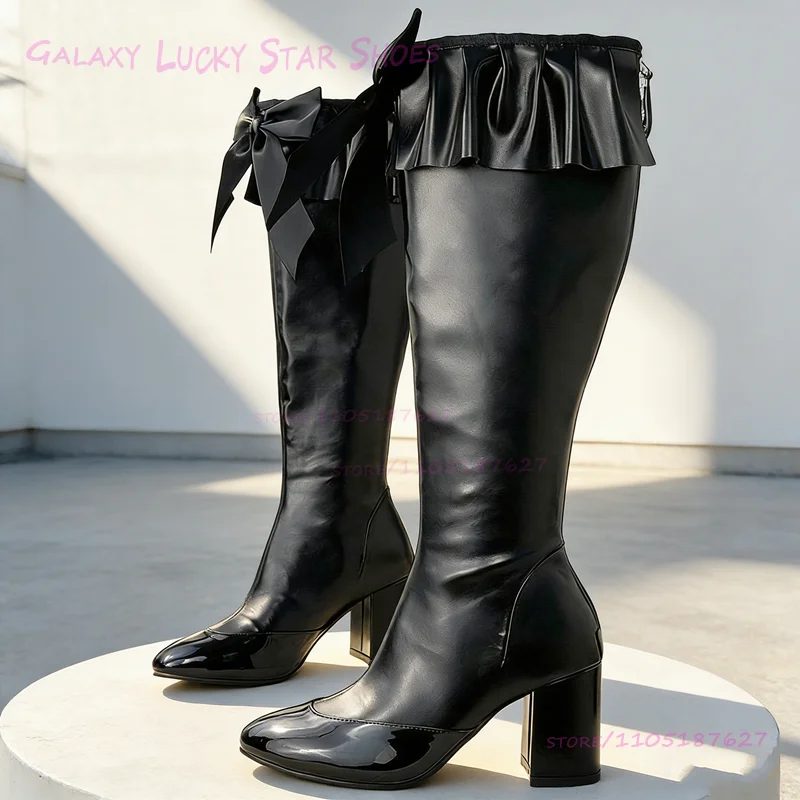 

Black Ruffled Tassel Bow Leather Boots Women Spring Matte Dark Color Chunky Low Heel Round Toe Heels Casual Patchwork Girls Shoe
