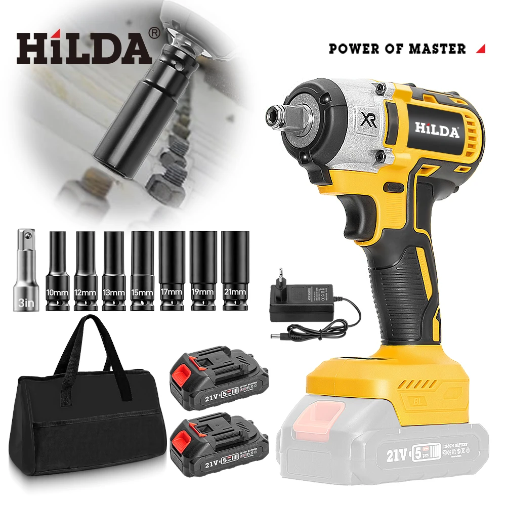 

HILDA 21V Cordless Impact Wrench Two Li-ion Battery Fast Charger Tool Bag Repair Tools For Makita 18V Battery Car Truck Home