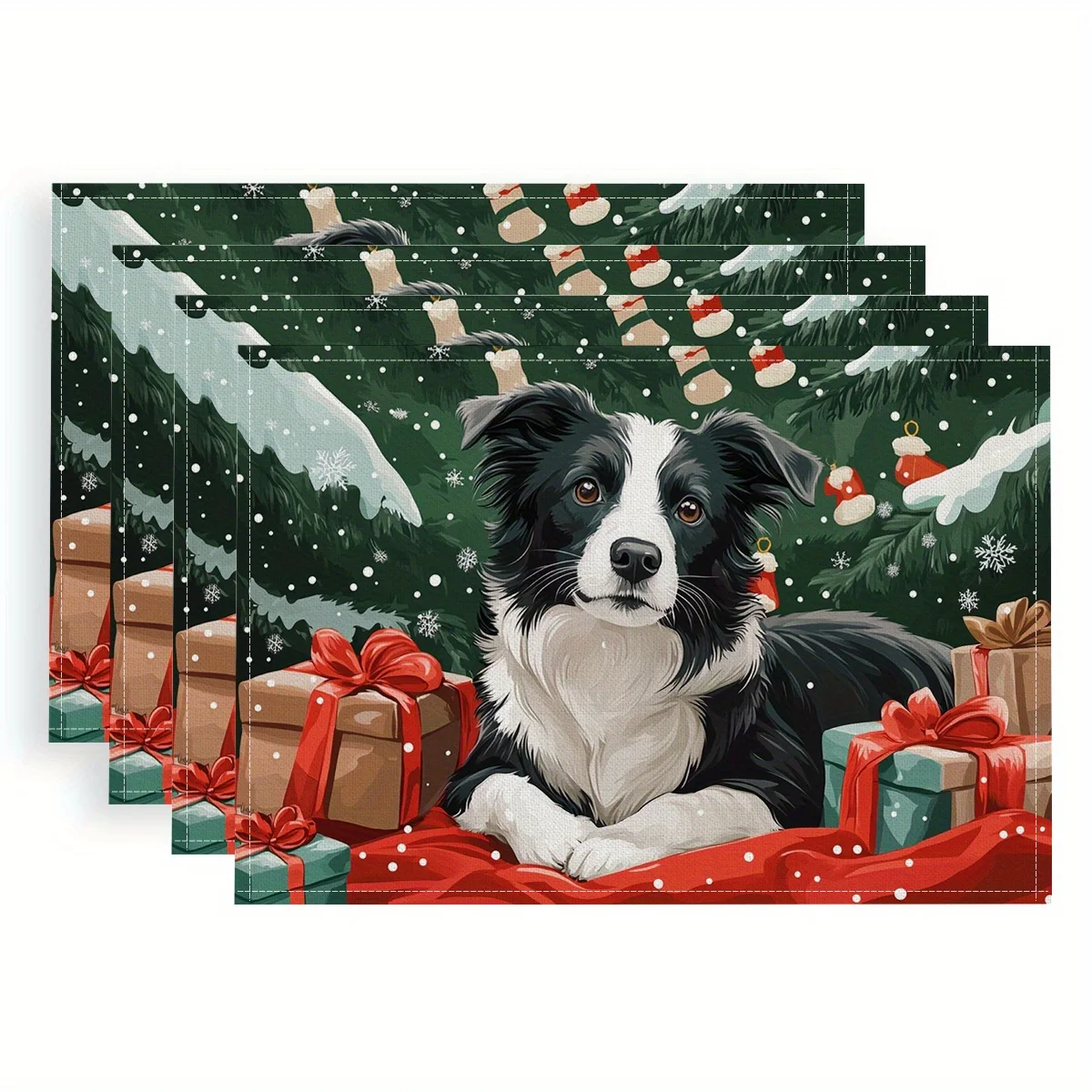 4pcs Placemats, Christmas Theme Border Collie Gift with Snowflakes and Socks Tree Design Polyester Fabric, Digital Print