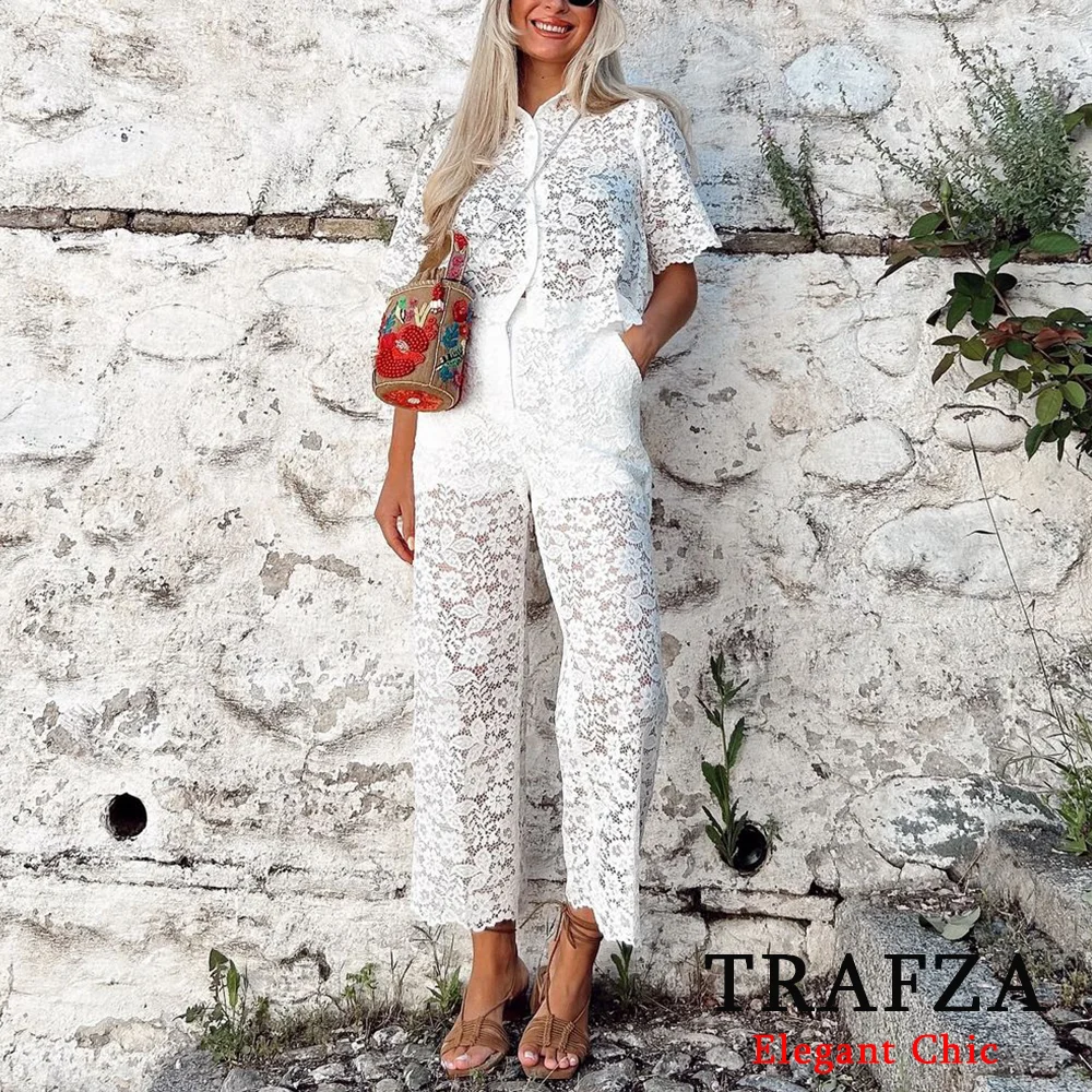 TRAFZA Casual Basic Shirt Suit Women\'s Cutout Lace Short Shirt+ Lace Ankle Pants Fashion 2024 Summer Homeswear Simple Blouse Set