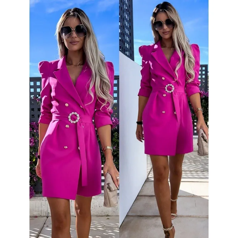 Fashionable Women\'s New Suit Jacket Dress With Double Breasted Buttons And Belt V-neck A-line Skirt Solid Color Office Women