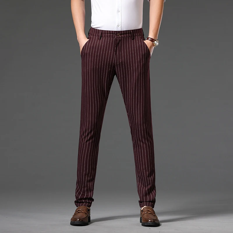 2024 New Business Striped Long Pants Men's Slim Fit Versatile High-End Quality Fashionable Stretch Casual Suit Pants