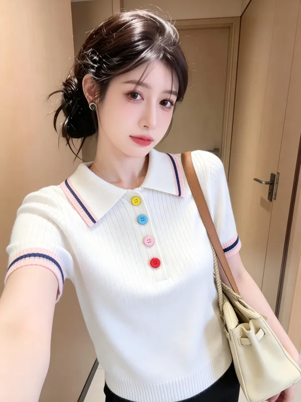 

Anti-Aging Color Blo Collar ort Sve Ice Silk Knitted Top Women's oulder T-irt Summer Trendy ort Length Casu...