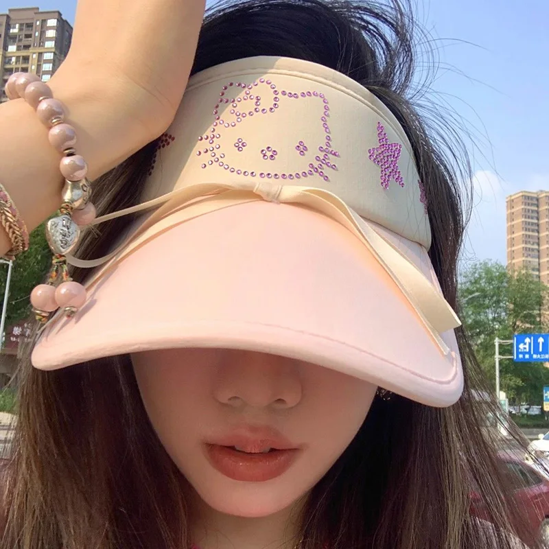 Cute Hello Kittys Sanrio Sun Hat Kawaii Anime Summer Ice Shreds Butterfly Hot Drill Empty Roof Sun UV Protection Hat Girl Gifts