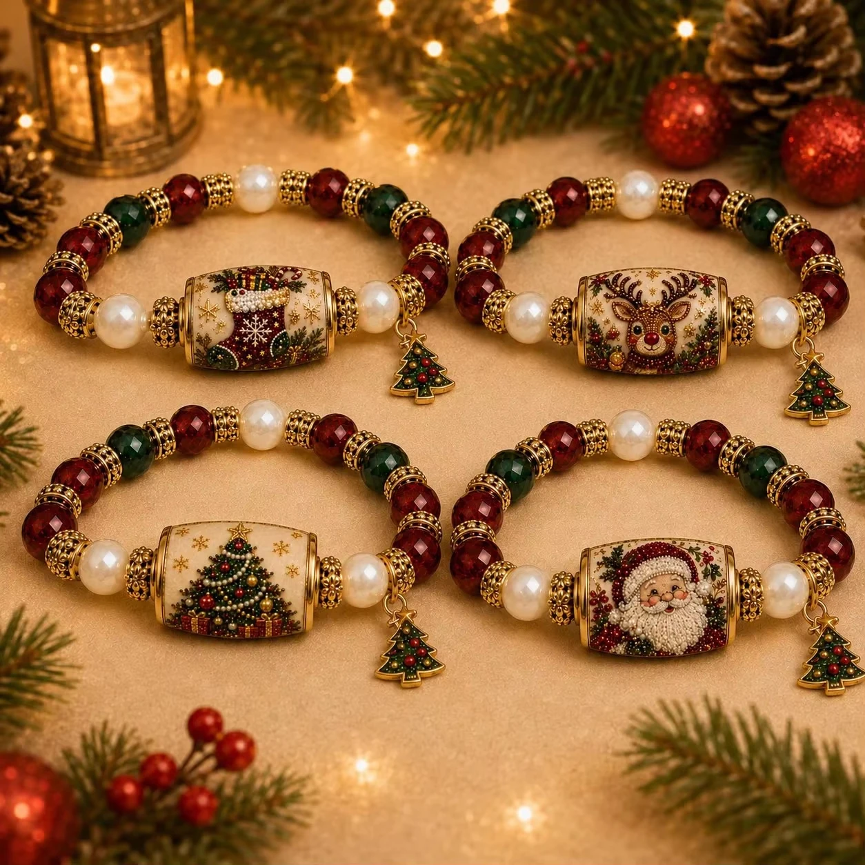 2026 Christmas Crystal Beaded Bracelet Stretch Holiday Bracelet Santa Tree Reindeer Stocking Charm Bracelet Gift for Women Party