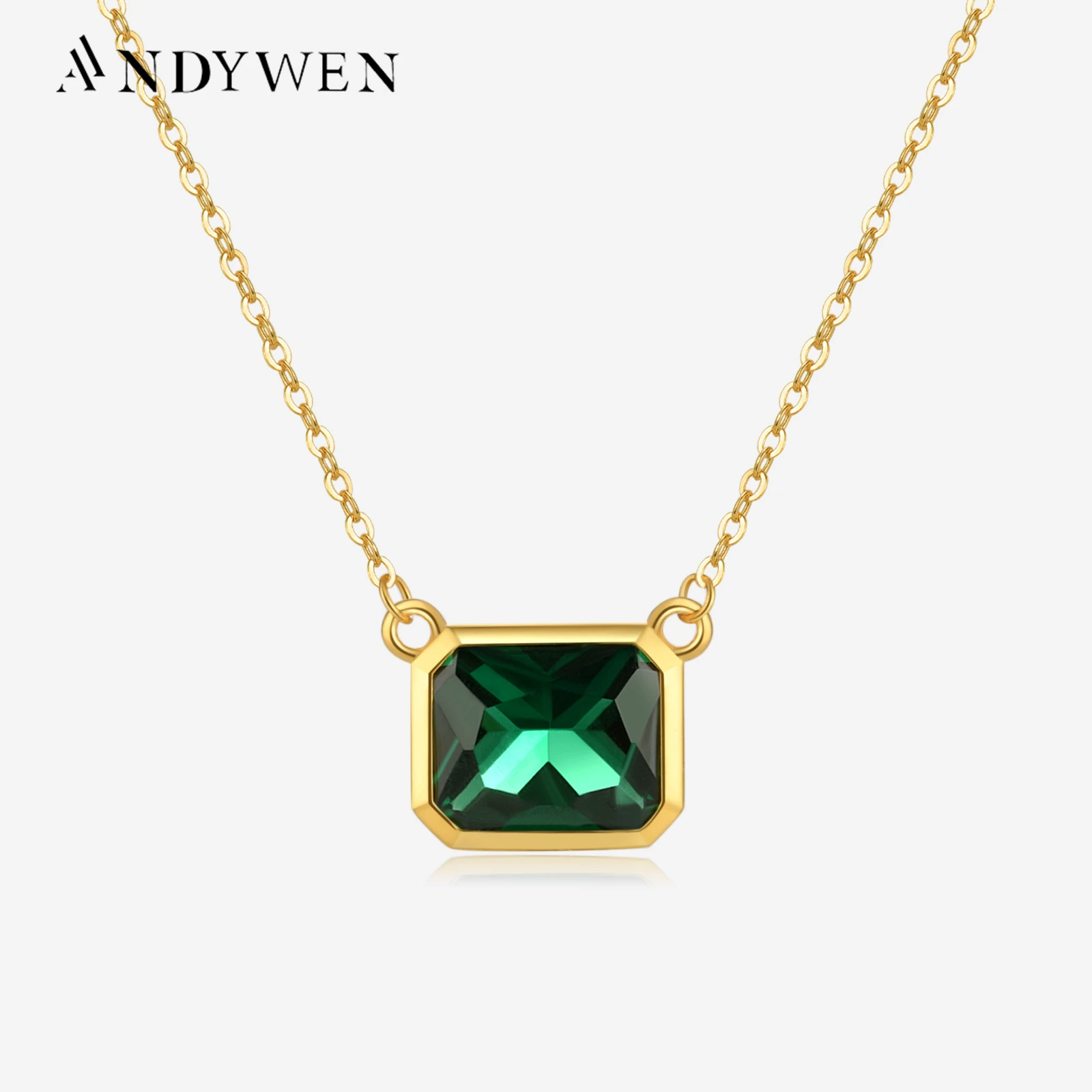 

ANDYWEN 925 Sterling Silver Gold Emerald CZ Square Crystal Pendant Necklace Long Chain Luxury Fine Jewelry 2023 Wedding Jewels