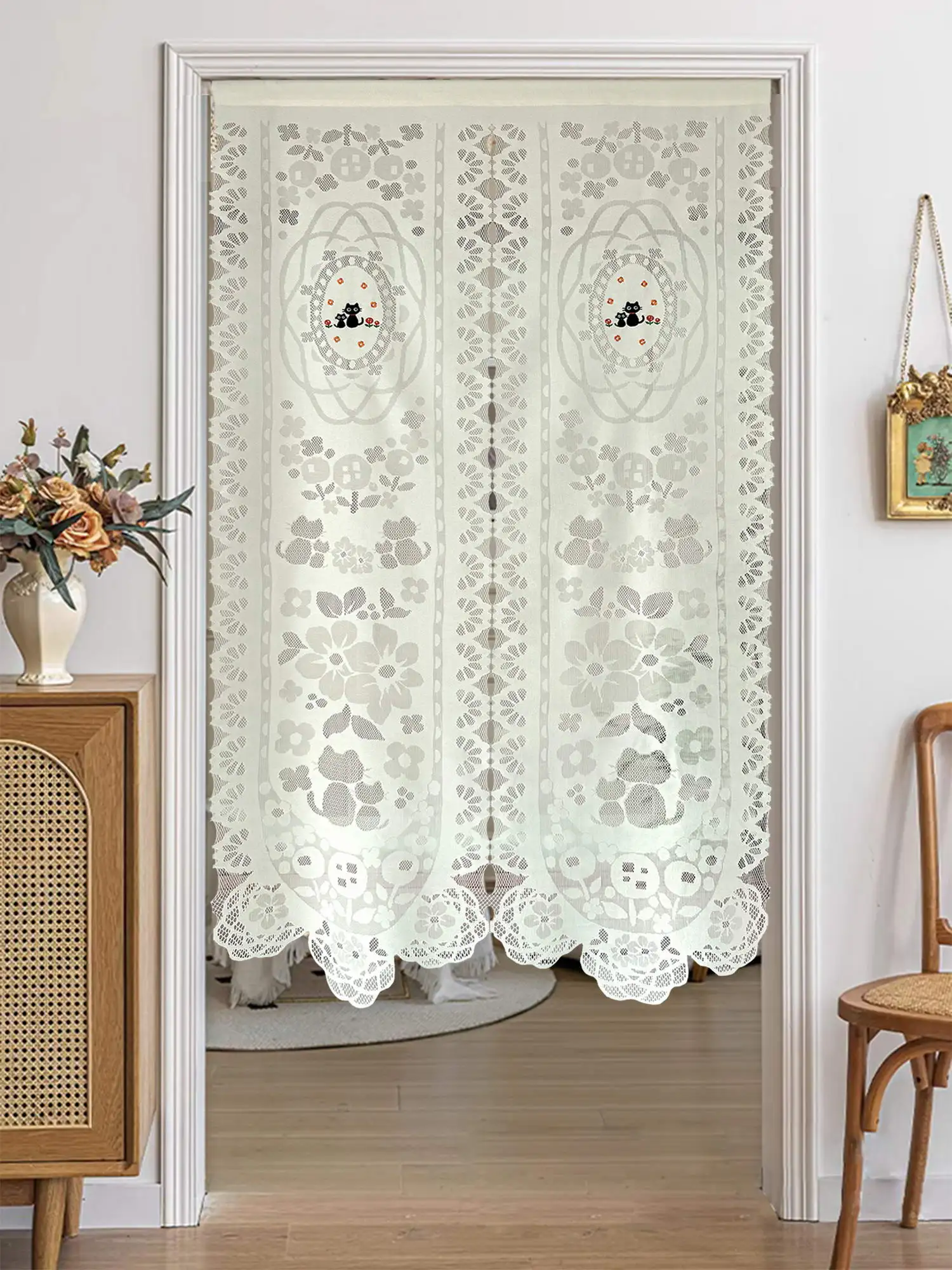 Embroidery Cat Short Lace Tulle Curtain for Kitchen Bedroom Living Room Hollow out Half Curtains Door Window Home Decor Cortina