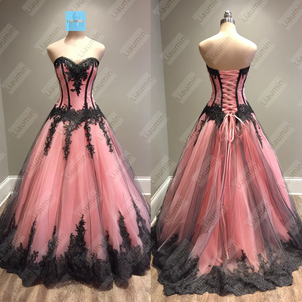 

Pink and Black Tulle Lace Applique Strapless Long Length With Train Evening Prom Wedding Formal Dress Lace-up Customized A7-1.58