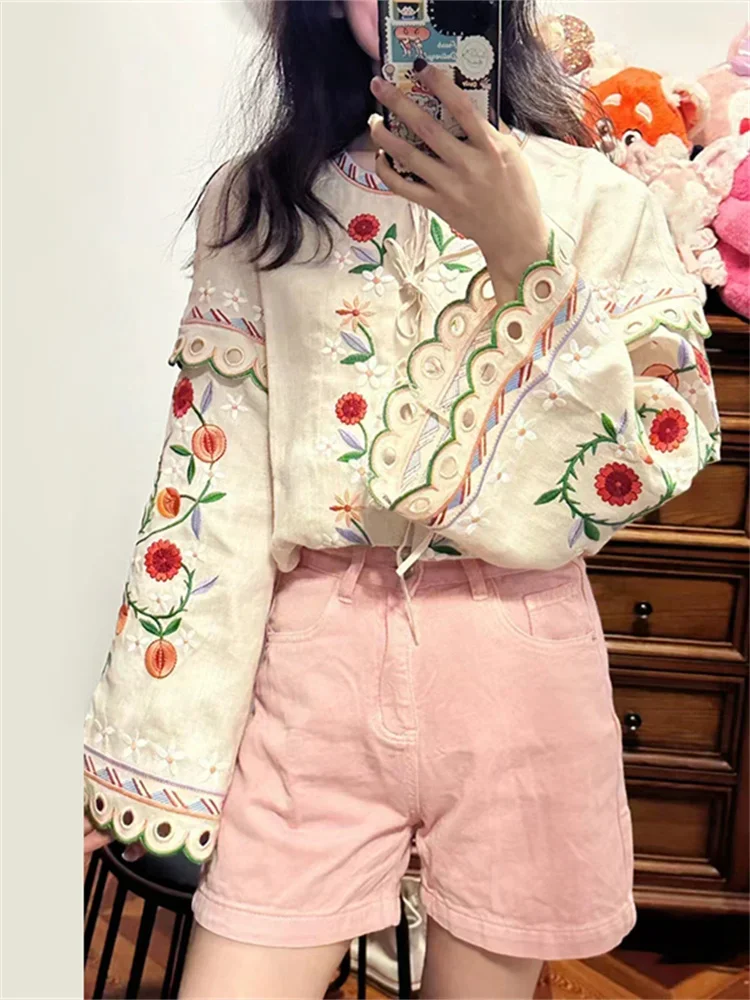 French Luxury E Shirt Women Colorful Flower Embroidery Blouse Spring New Ladies Lace Up Flare Sleeve Vintage Sweet Long Sleeve