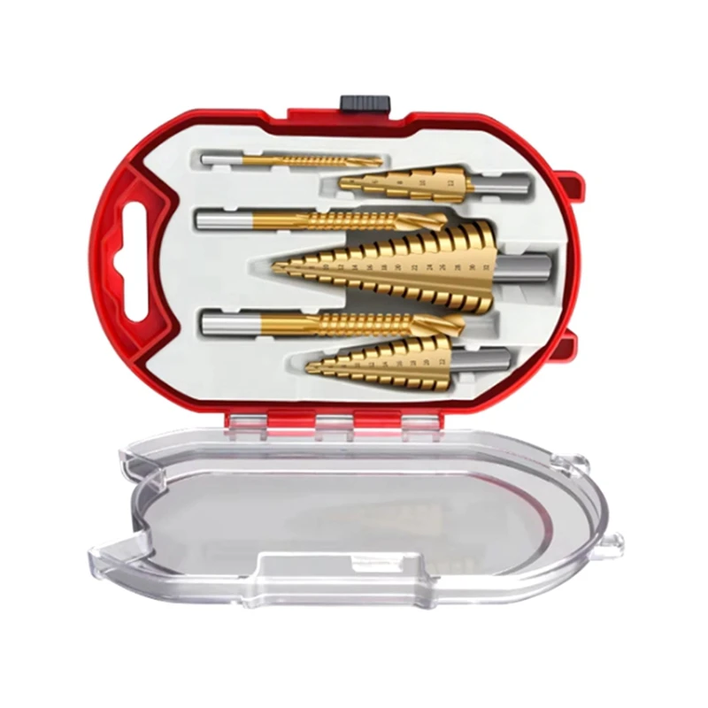 6 Piece Set Titanium Coated Pagoda Drill Sawtooth Drill Woodworking Hole Expansion Groove Plastic Box Set Wood Drilling