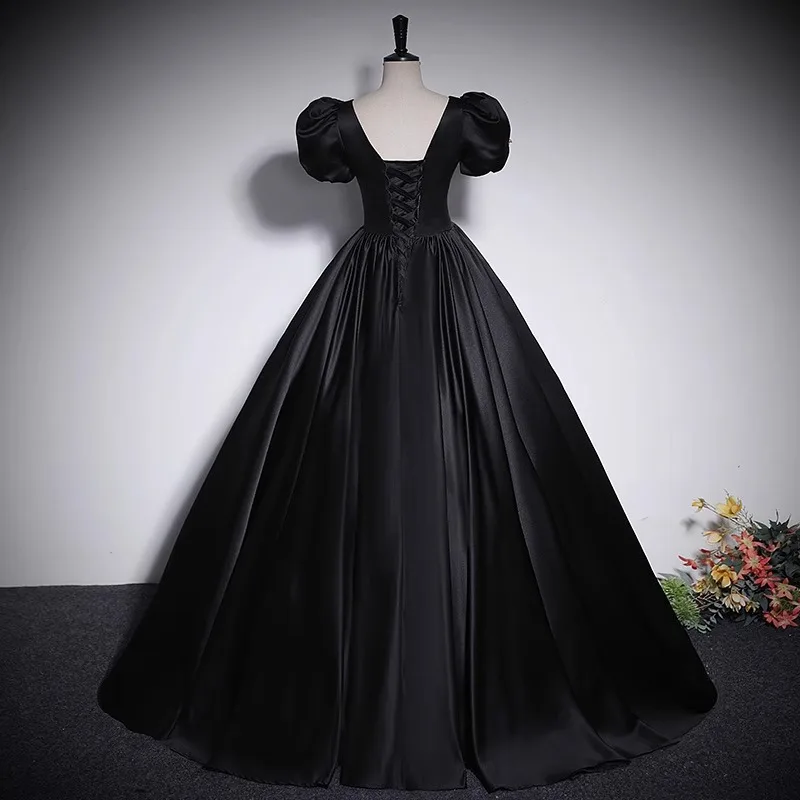 Female Satin Formal Party Dress Retro French Palace Style Prom Dress Banquet Dress Temperament Square Neck Pleated Maxi Dress