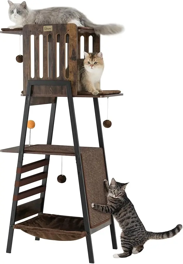 

FourFurPets Modern Cat Tree, 58-Inch Cat Tower for Large Cats, Maine Coon Cat Tree with Scratching Board, Large Perch, Hammock a