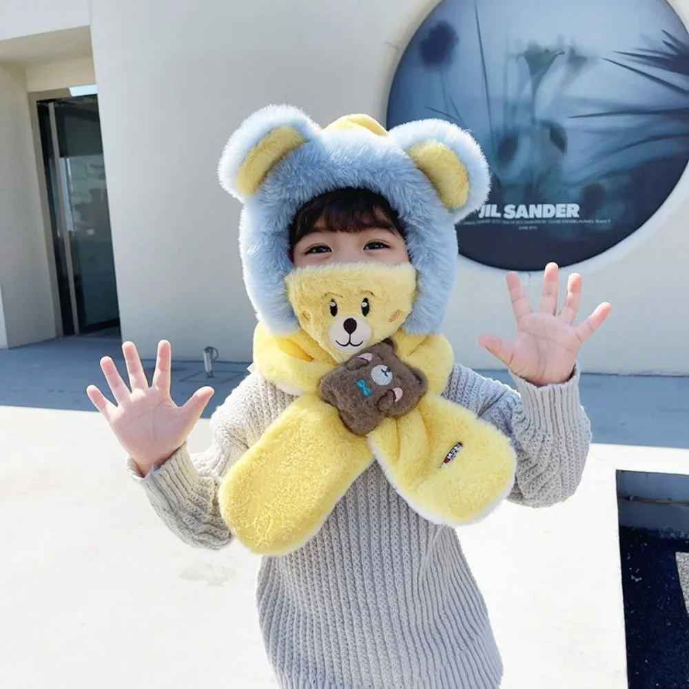 

Cute Solid Color Bear Plush Hat Fashion Design Korean Style Children Fleece Hat Muffler With Mask&Scarf Plush Hat with Scarf Kid