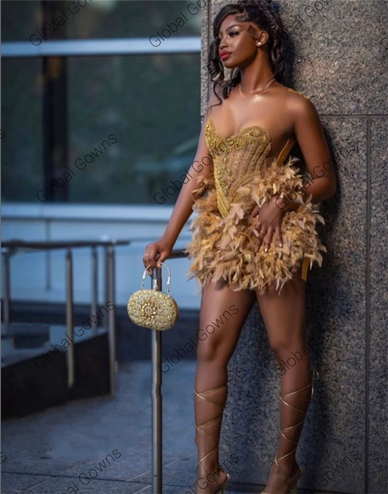 Gold Beaded Short Prom Dress For Black Girls Birthday Party Dresses Feathers Mermaid Mini Cocktail Homecoming Customized image 3