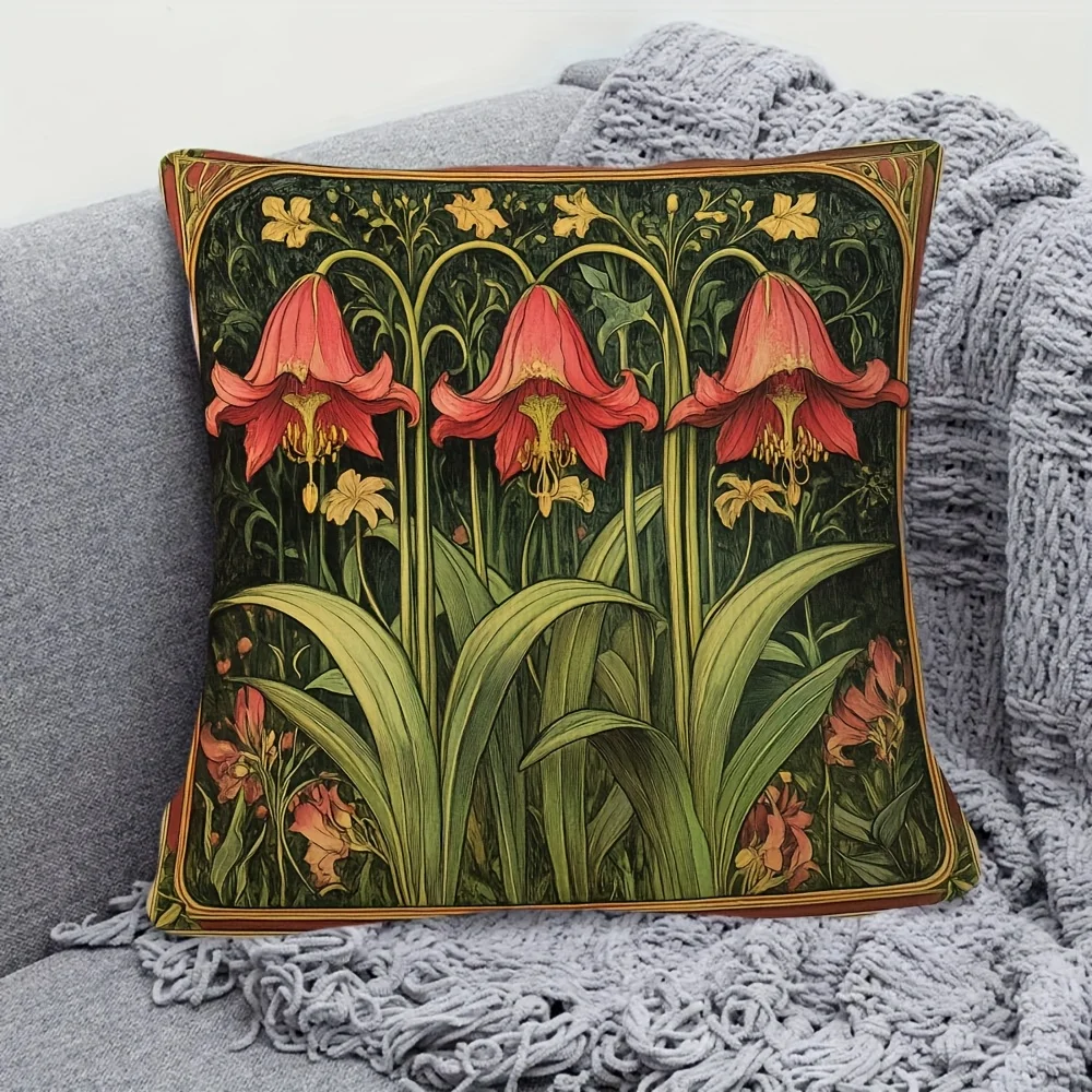 1pc Art Nouveau Botanical Pillow Cover, Polyester 2D Double-Sided Print, Ornate Victorian Red Lily & Foliage Design, Vintage Dec