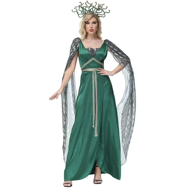 Halloween Dark Green Serpentine Print Slit Dress Myth Siren Medusa Costume SX843