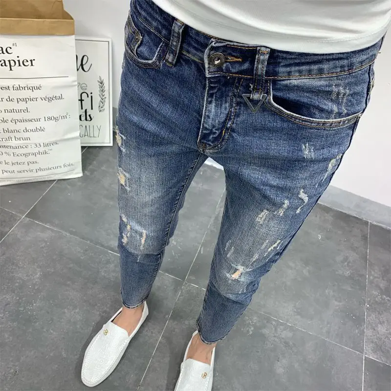 Men's Korean Style Classic Jeans 2023 New Blue Ripped Jeans for Men Fashion Trendy Summer Skinny Ripped Hole Cargo Trousers