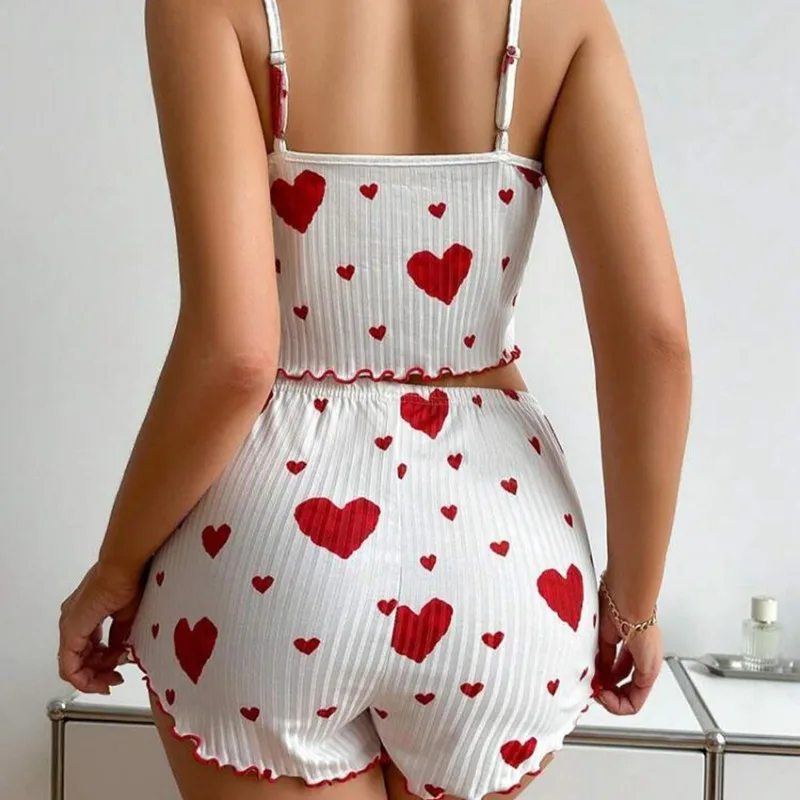 Conjunto de Pijamas Listrados de Malha para Mulheres, Estilo Camisola com Estampa de Coração e Shorts