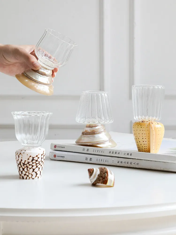 Handmade Art Natural Conch Shell Goblet Glass  French heat-resistant glass cup for wine, fruit juice, natural seashell wine glas