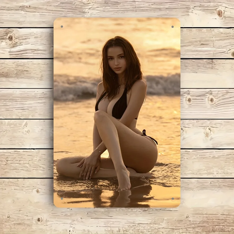 Metall-Wandkunst 8x12 Zoll - Sexy Strandmodelle-Schild für Männerhöhle, Heimbüro, Bar-Dekoration - Sonnenuntergang-Meerszene