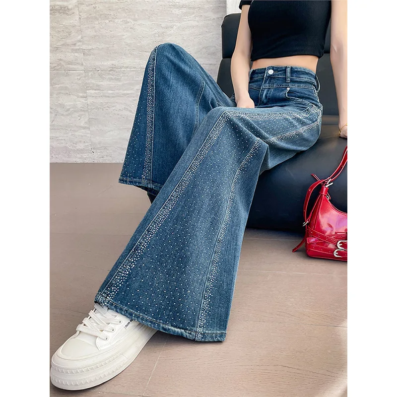 

y2kWomen's 2026 Spring Rhinestone Jeans Fashion Loose Slim Flare Wide Leg Long Pants Casual Chic Streetwear Trendy Daily Elegant