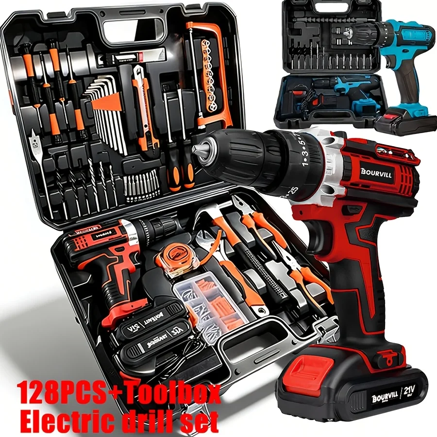 

128pcs+ Toolbox/Electric Drill Set--Lithium-ion Battery Rechargeable Drill, 25+1 Torque Setting Wireless Drill Kit, Speed Adjus
