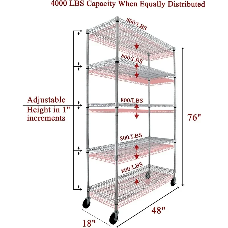 바퀴 달린 보관용 금속 선반, 초승달 모양 크롬, 48X18X76, 4000 LBS, 차고 선반, 5 단 와이어 선반, 이상적