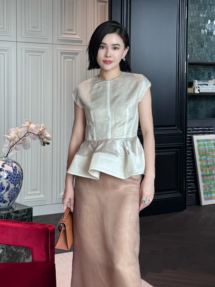 

Новый летний тонкий льняной топ-жилет с укороченной юбкой, роскошный повседневный костюм для офиса, приталенный, однотонный