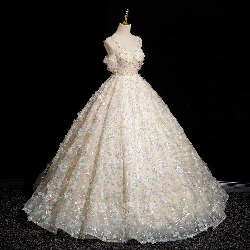 Vestido de noche champán ligero de lujo para mujer, apliques de flores con hombros descubiertos, largo hasta el suelo, corte en A, vestido de graduación, Vestidos para quinceañeras