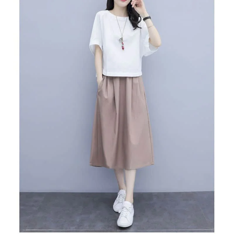 

Dress Sets Large Size High Street O-neck Solid Short Sleeve T-shirt and Mid-calf Skirts Casual Loose Two Piece Set Women Outfits